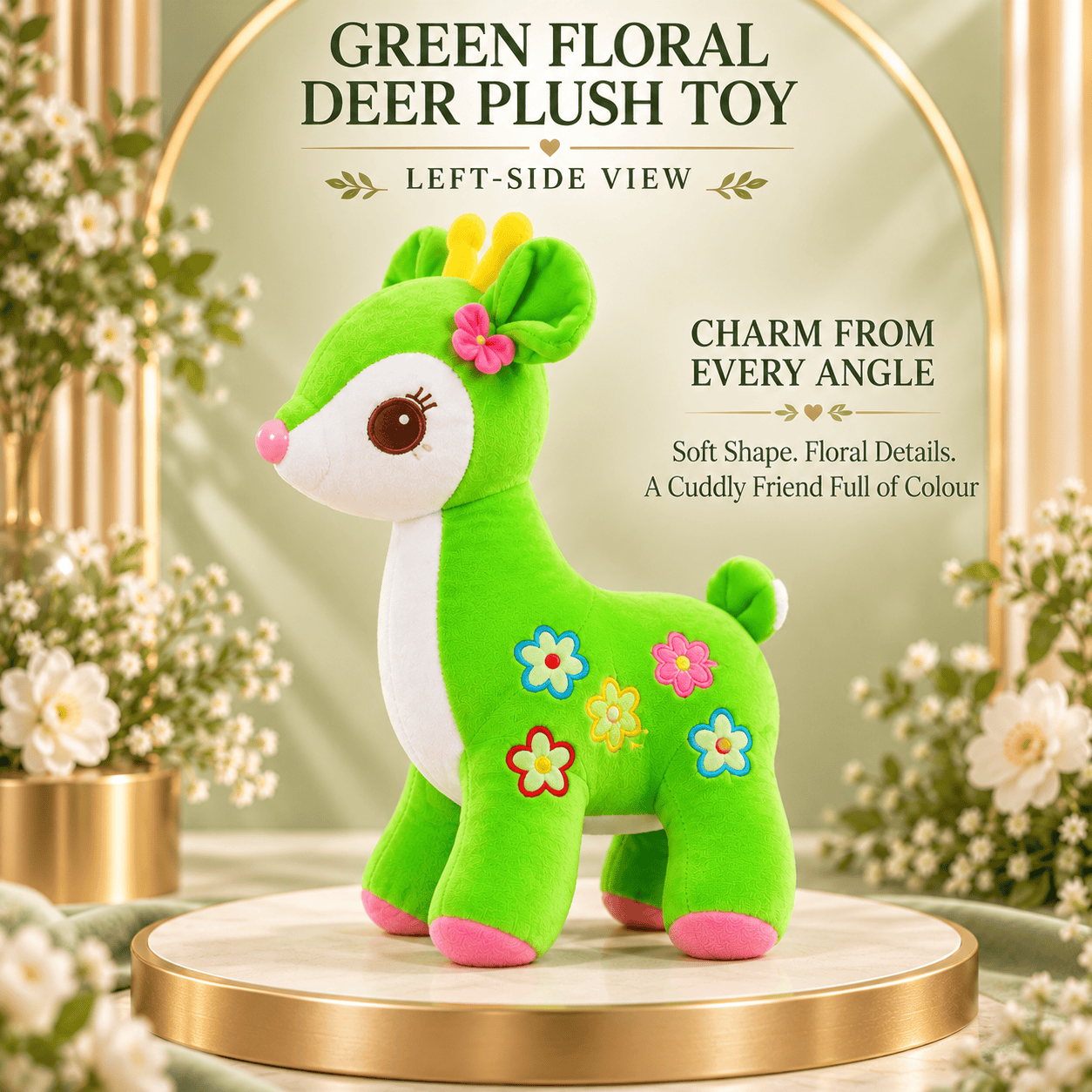 Green Floral Deer Plush Toy – Soft Fawn Stuffed Animal with Flower Appliques