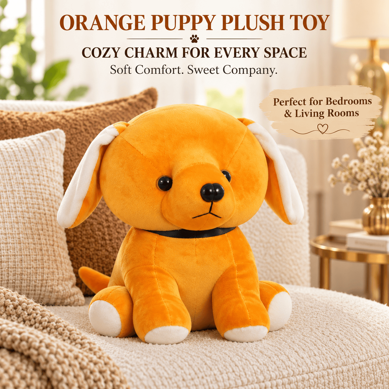 Front view of an orange puppy plush toy with floppy white-lined ears sitting on a cozy sofa.