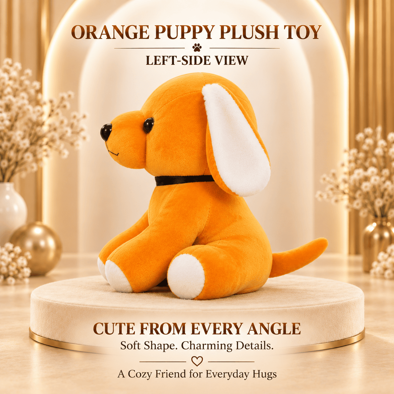Orange Puppy Plush Toy – Soft Dog Stuffed Animal with Black Collar