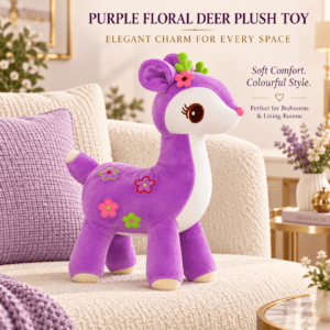 Young girl hugging a purple floral deer plush toy with green antlers sitting on a carpet.