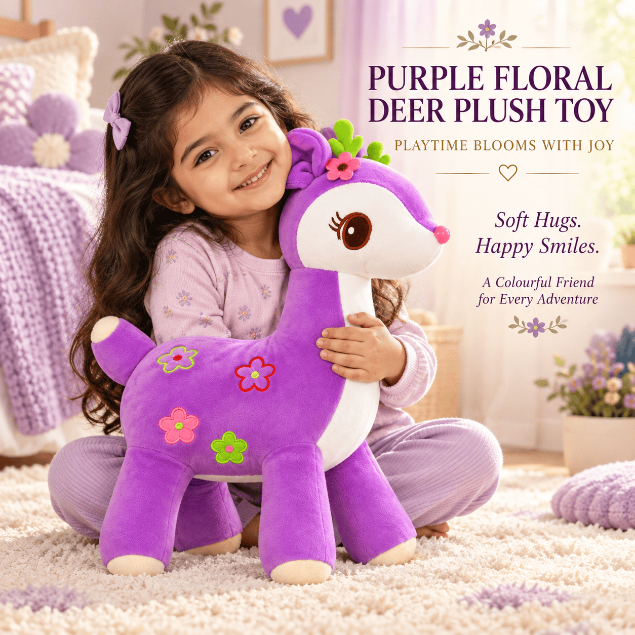 Purple Floral Deer Plush Toy – Soft Fawn Stuffed Animal with Flower Appliques