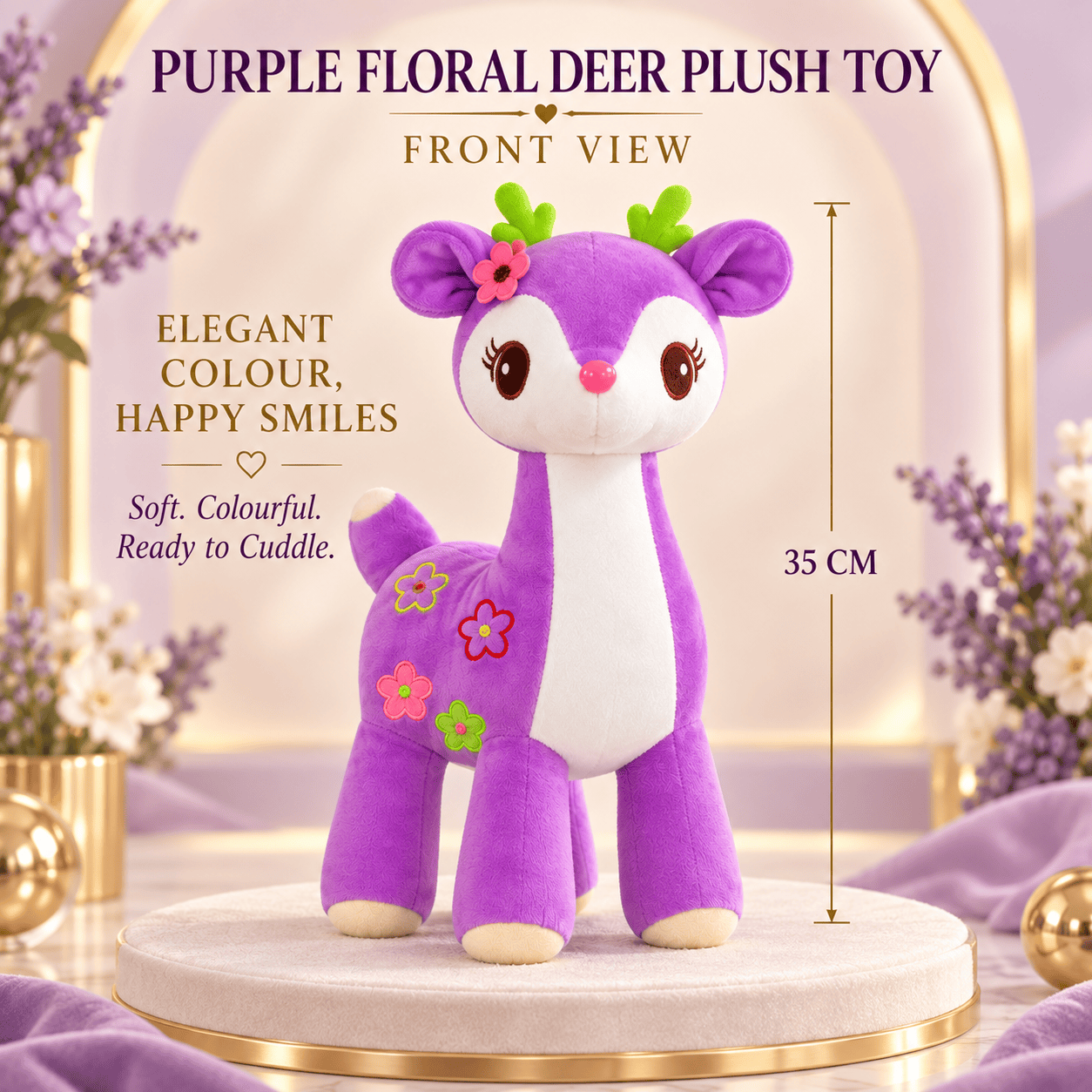 Purple Floral Deer Plush Toy – Soft Fawn Stuffed Animal with Flower Appliques