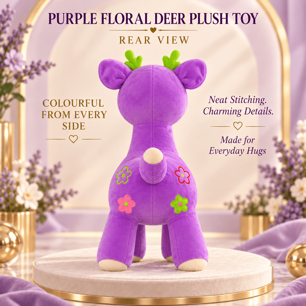 Purple Floral Deer Plush Toy – Soft Fawn Stuffed Animal with Flower Appliques