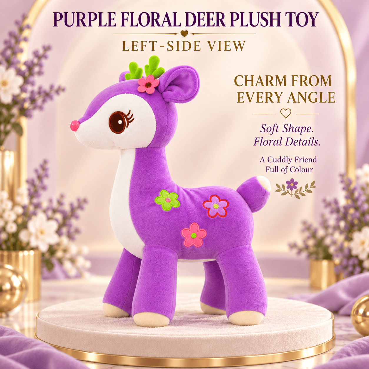 Purple Floral Deer Plush Toy – Soft Fawn Stuffed Animal with Flower Appliques