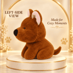 Front view of a 35cm fluffy brown dog plush toy with pink inner ears sitting on a display platform.
