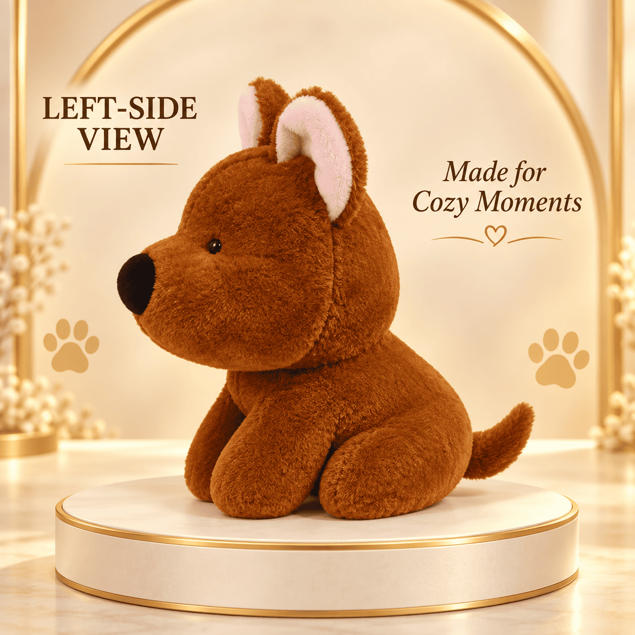 Front view of a 35cm fluffy brown dog plush toy with pink inner ears sitting on a display platform.