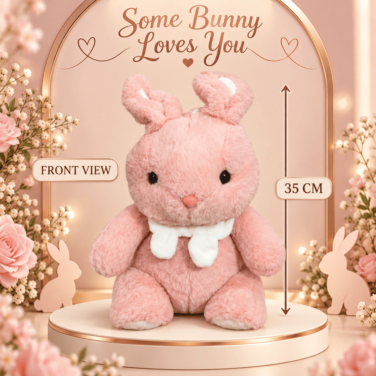 Front view of a 35cm fluffy brown dog plush toy with pink inner ears sitting on a display platform.