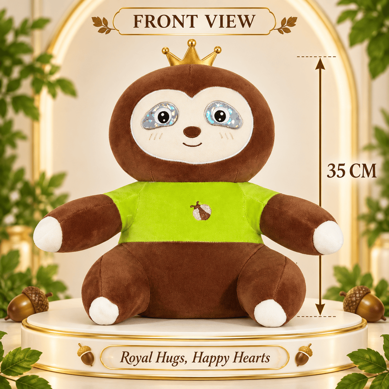 Royal Sloth Plush Toy in Green Top – 35cm Soft Stuffed Animal with Crown