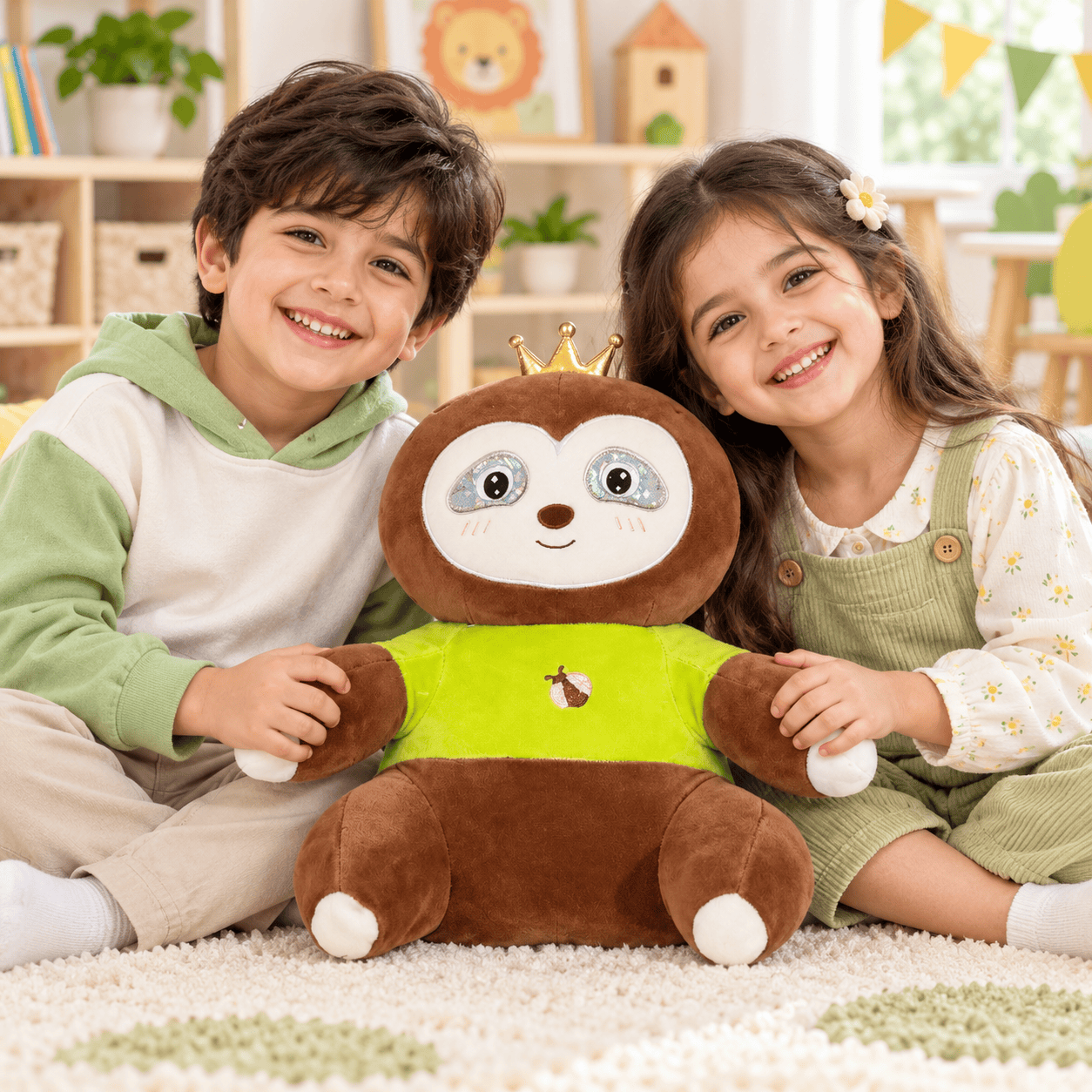 Royal Sloth Plush Toy in Green Top – 35cm Soft Stuffed Animal with Crown