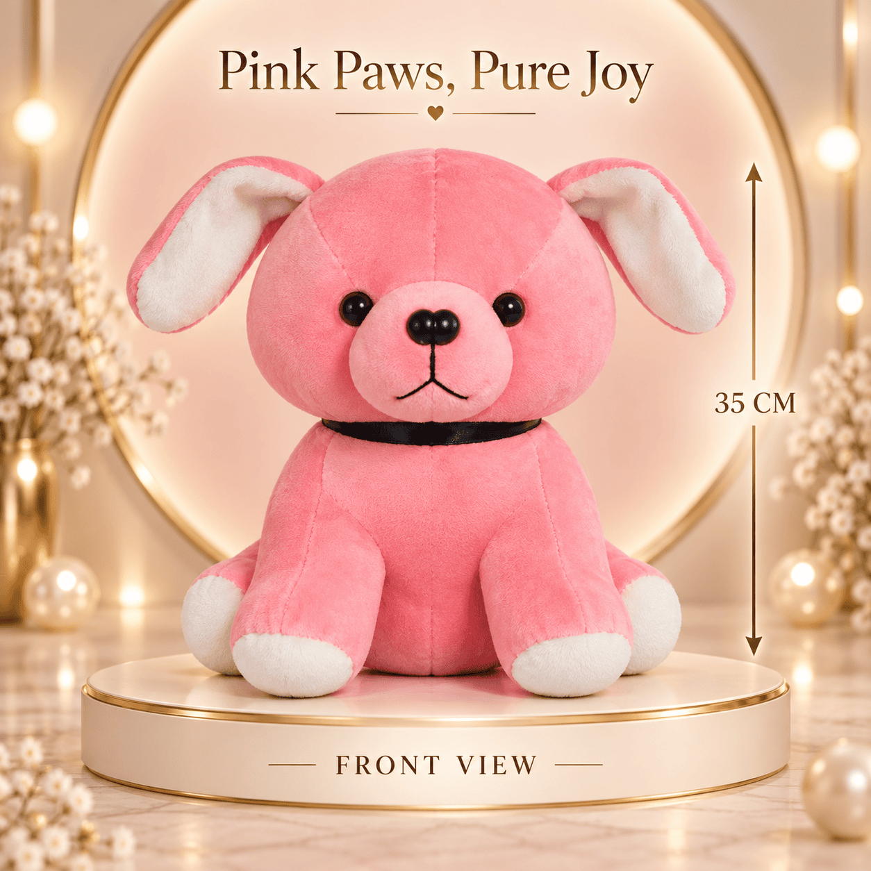 Soft Pink Puppy Plush Toy – 35cm Rose Pink Dog Stuffed Animal with Black Collar