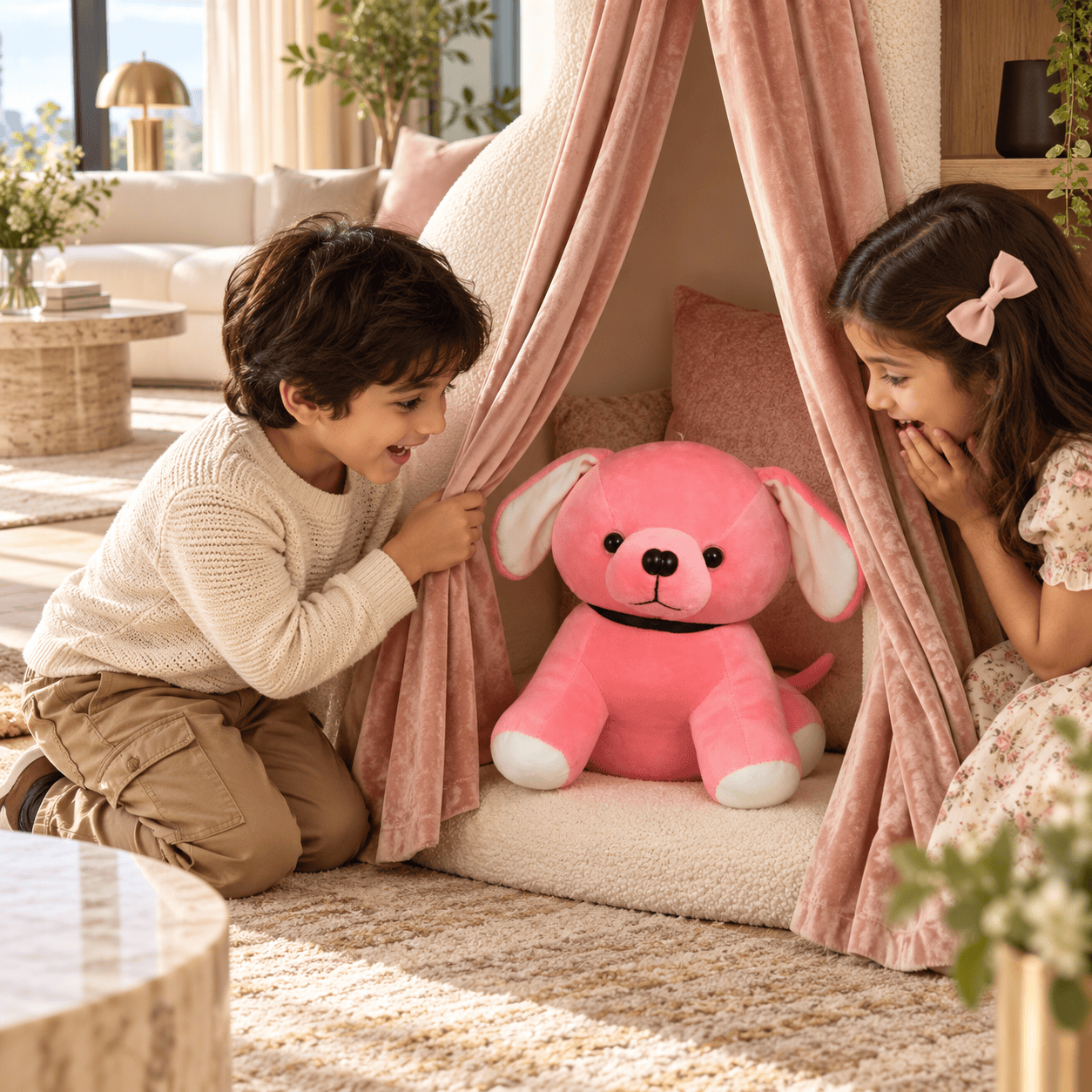 Soft Pink Puppy Plush Toy – 35cm Rose Pink Dog Stuffed Animal with Black Collar