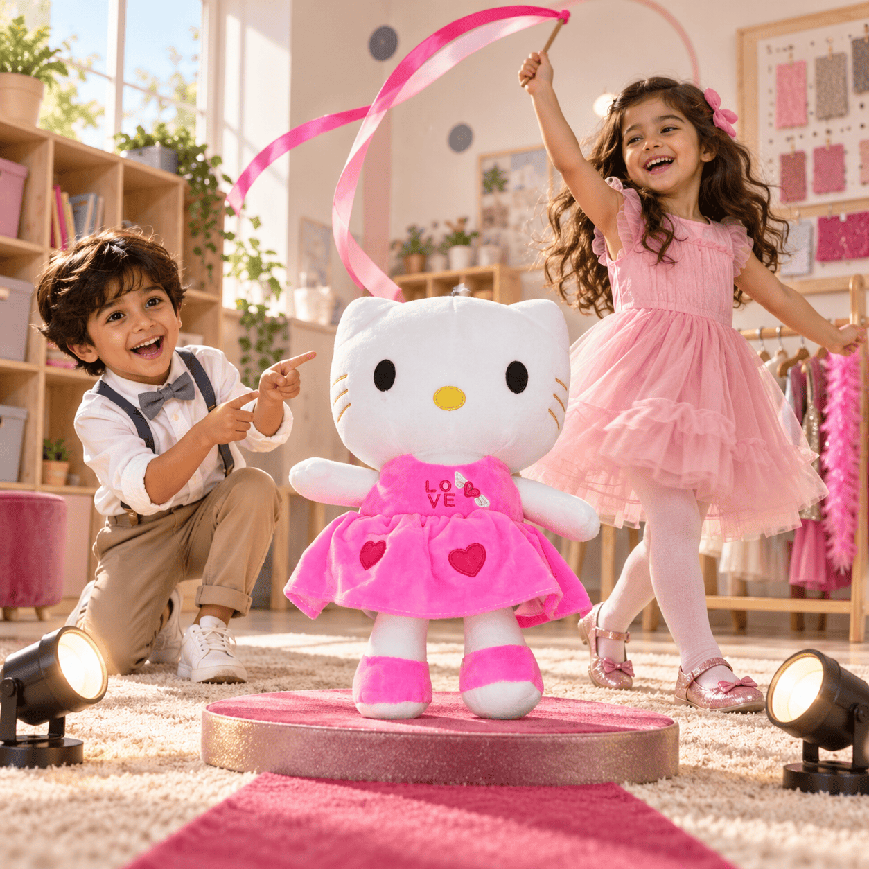 White Cat Plush Doll in Pink Love Dress – 35cm Soft Kitten Stuffed Animal