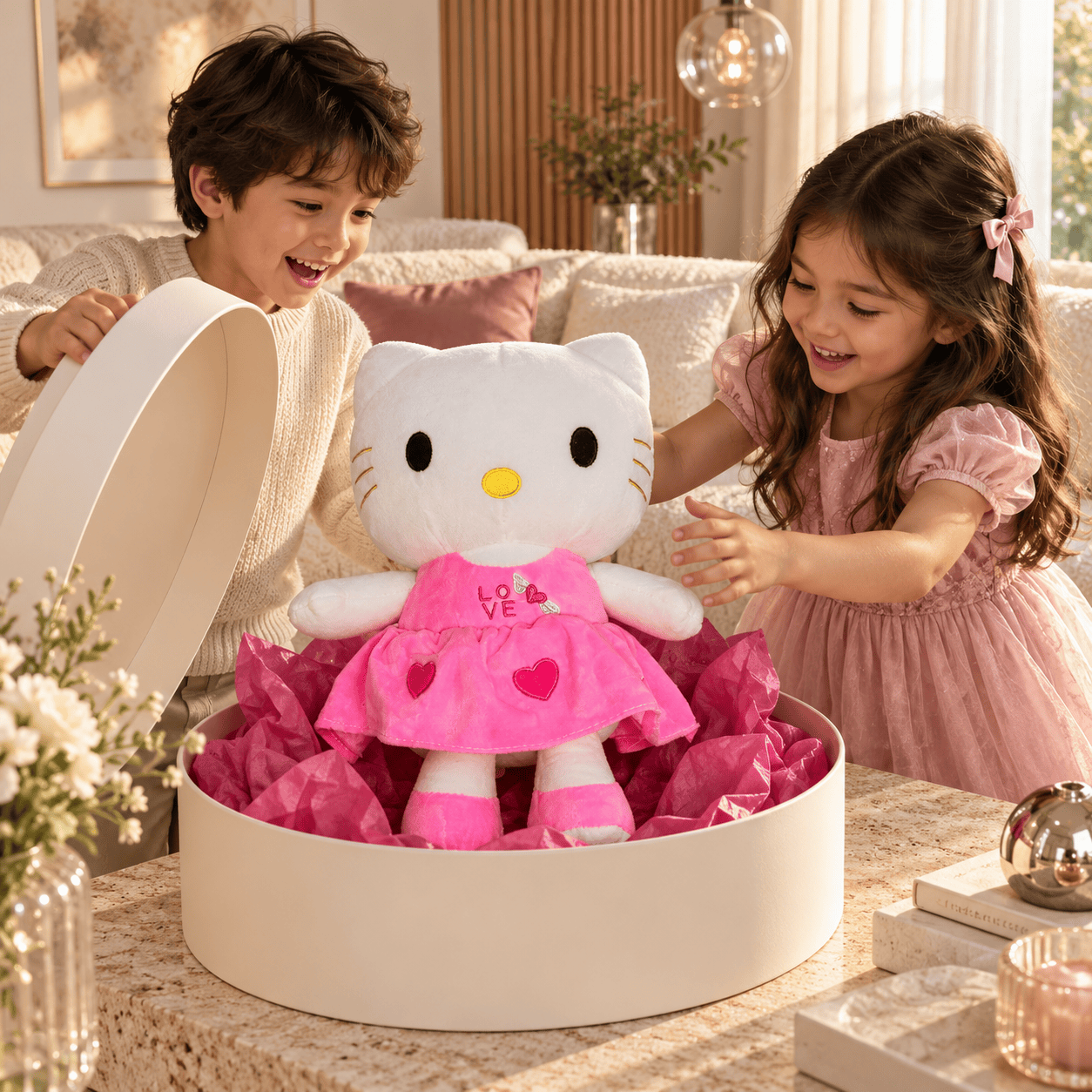 White Cat Plush Doll in Pink Love Dress – 35cm Soft Kitten Stuffed Animal