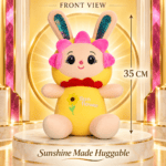 Front view of a 35cm sunflower bunny plush toy with sequin ears sitting on a display platform.