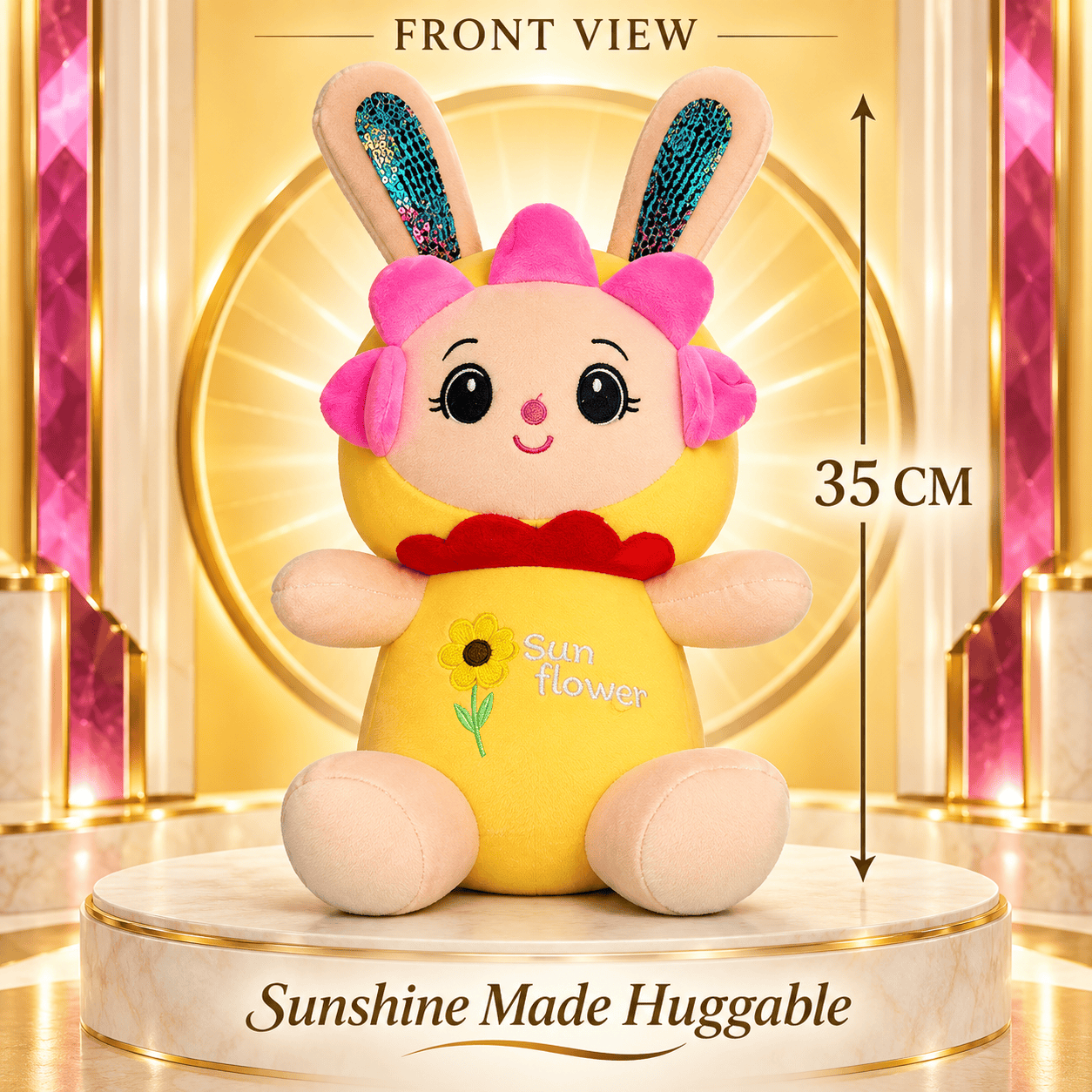Front view of a 35cm sunflower bunny plush toy with sequin ears sitting on a display platform.