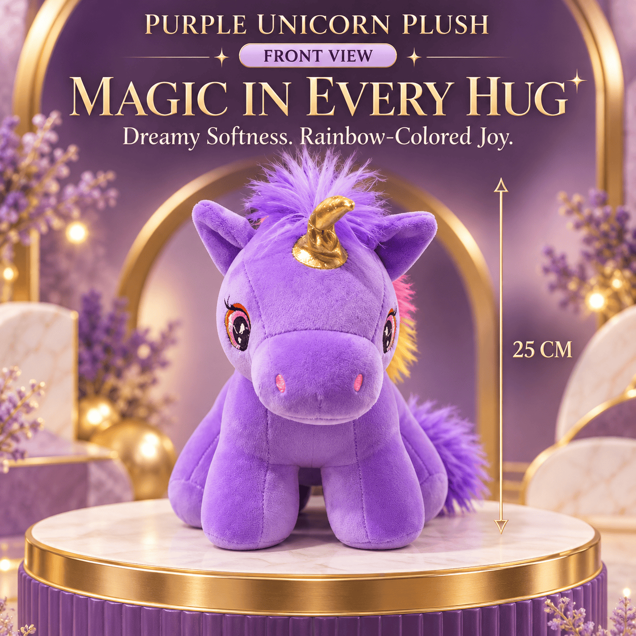 Purple Unicorn Plush Toy – 25cm Soft Stuffed Animal with Gold Horn