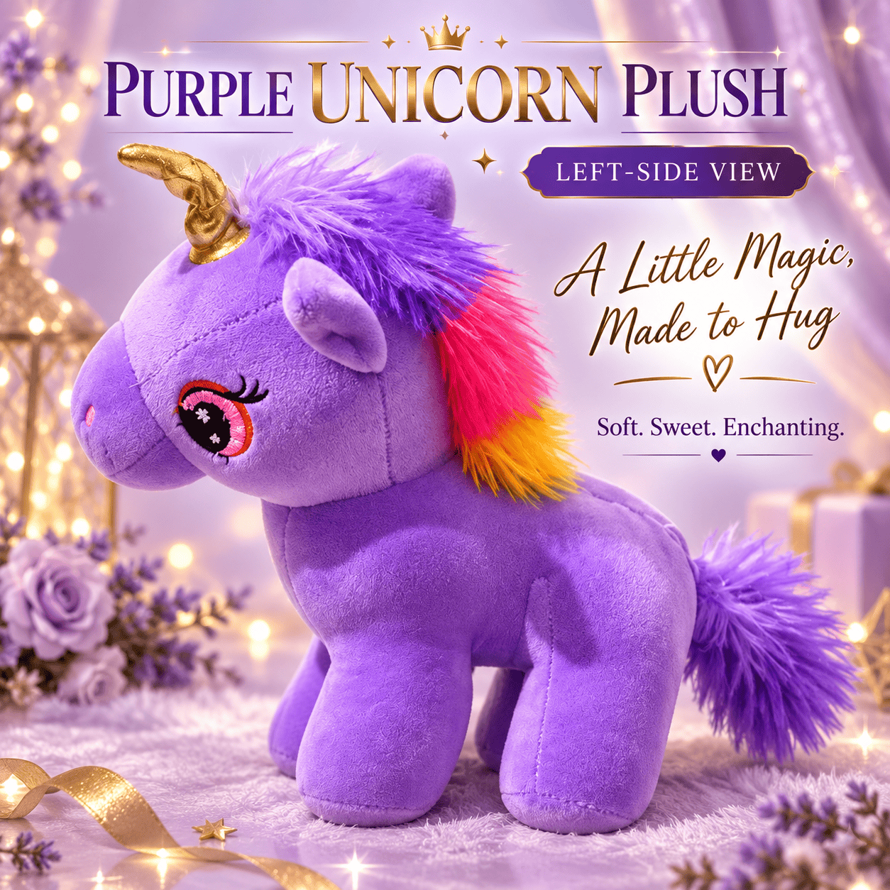 Purple Unicorn Plush Toy – 25cm Soft Stuffed Animal with Gold Horn