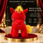 Front view of a 25cm red rainbow unicorn plush toy with a metallic gold horn standing on a red velvet pedestal.