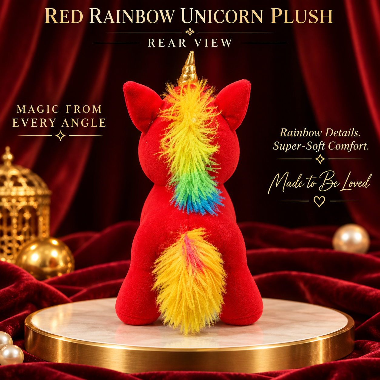 Red Rainbow Unicorn Plush Toy – 25cm Soft Stuffed Animal with Metallic Gold Horn