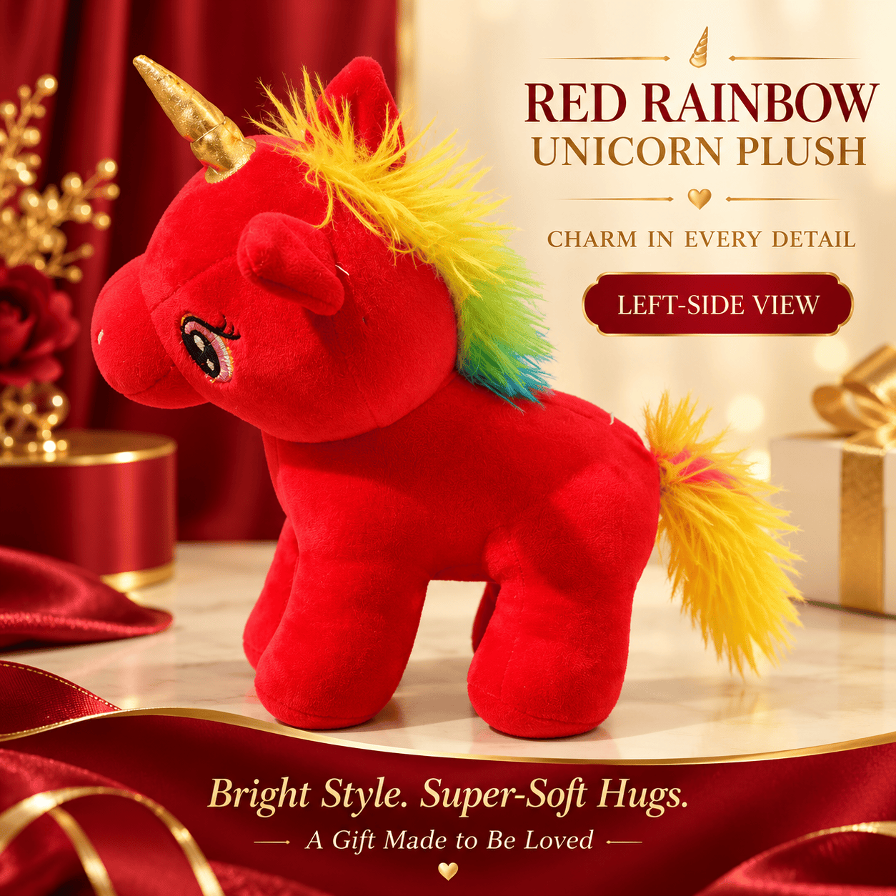 Red Rainbow Unicorn Plush Toy – 25cm Soft Stuffed Animal with Metallic Gold Horn