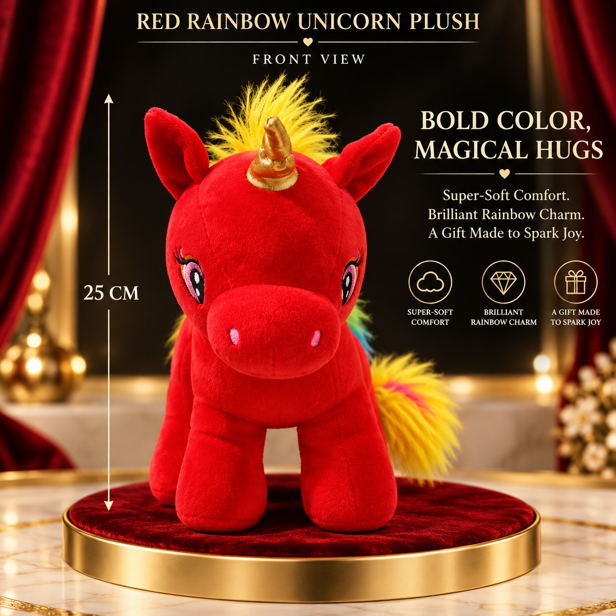 Red Rainbow Unicorn Plush Toy – 25cm Soft Stuffed Animal with Gold Horn