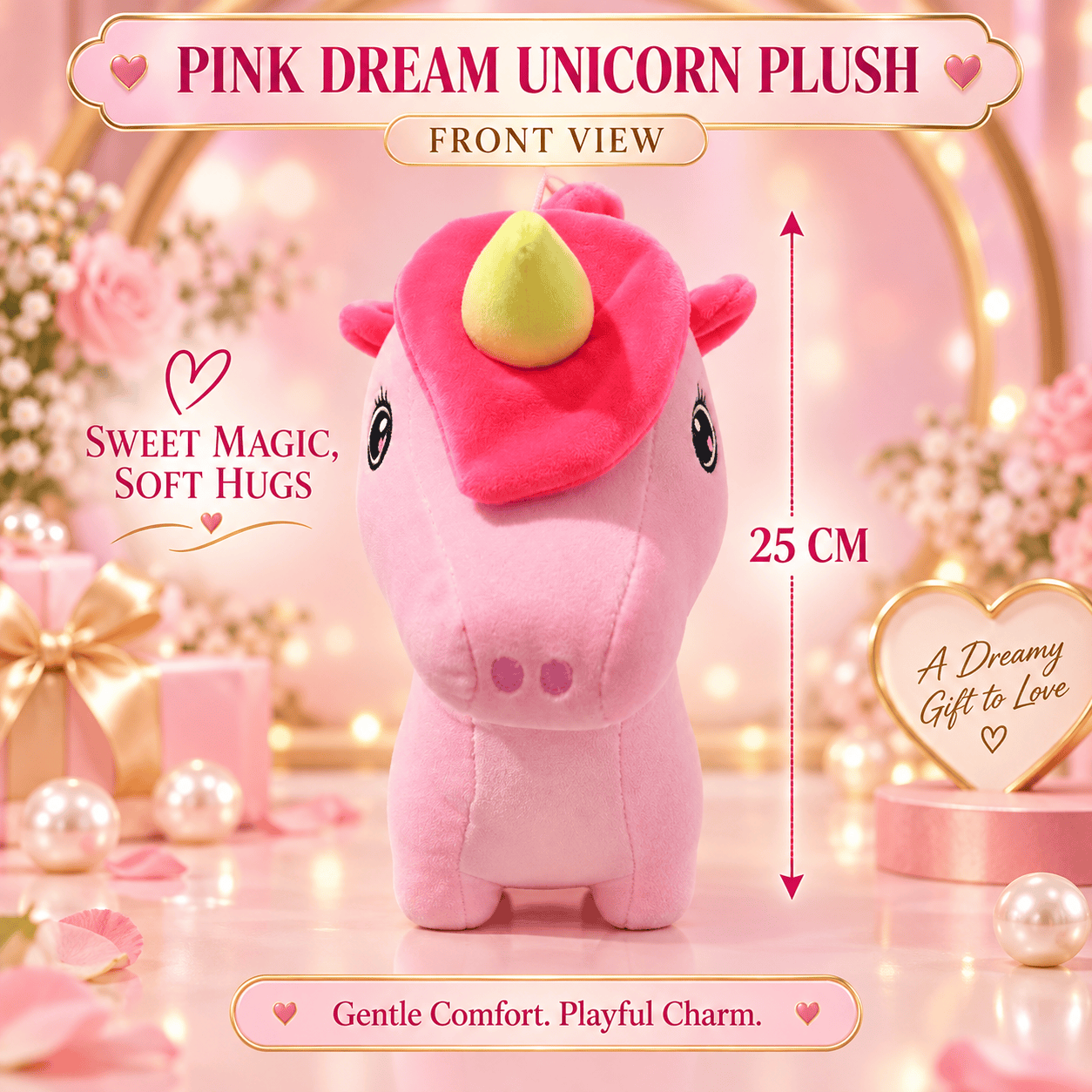 Pink Dream Unicorn Plush Toy – 25cm Soft Stuffed Animal with Yellow Horn