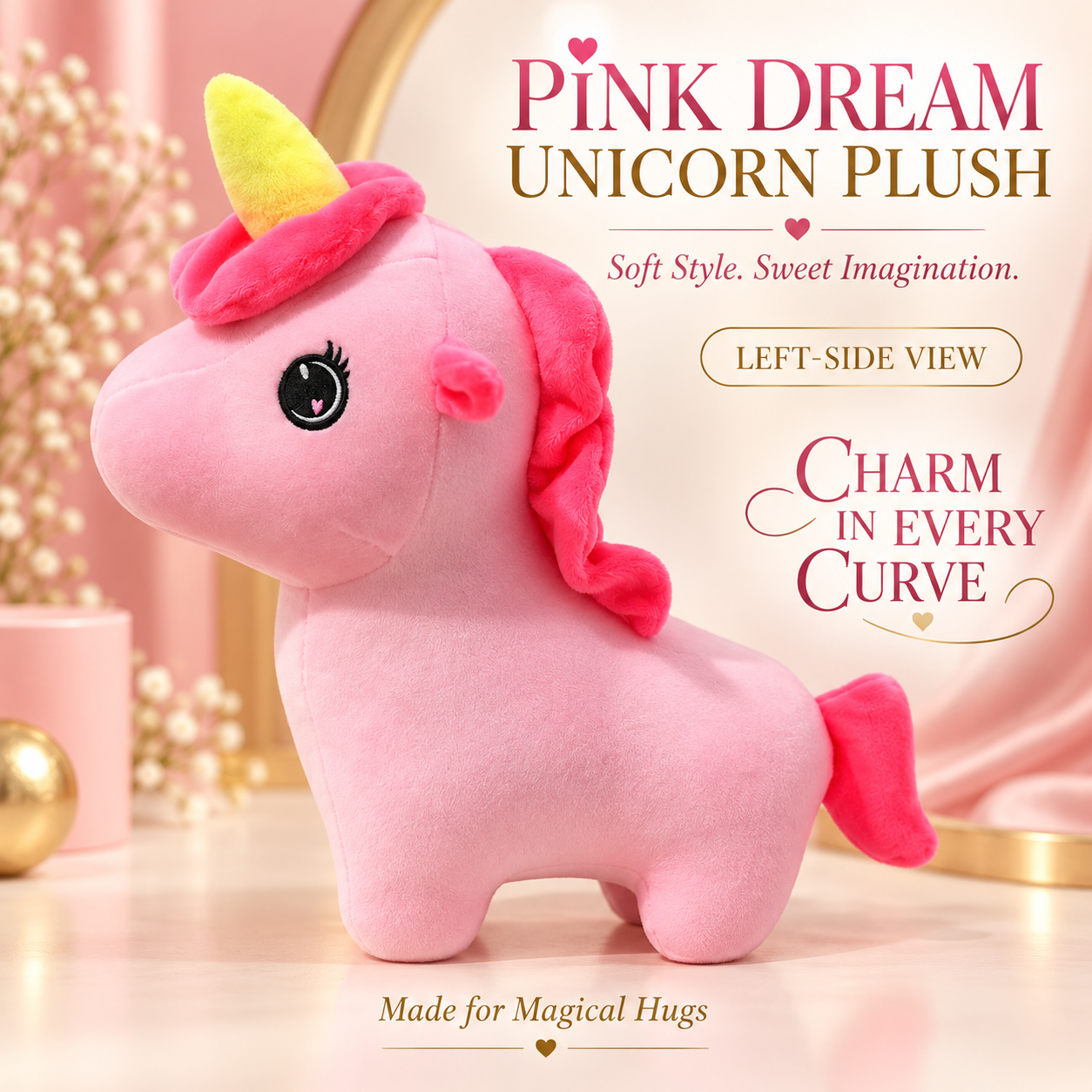 Pink Dream Unicorn Plush Toy – 25cm Soft Stuffed Animal with Yellow Horn