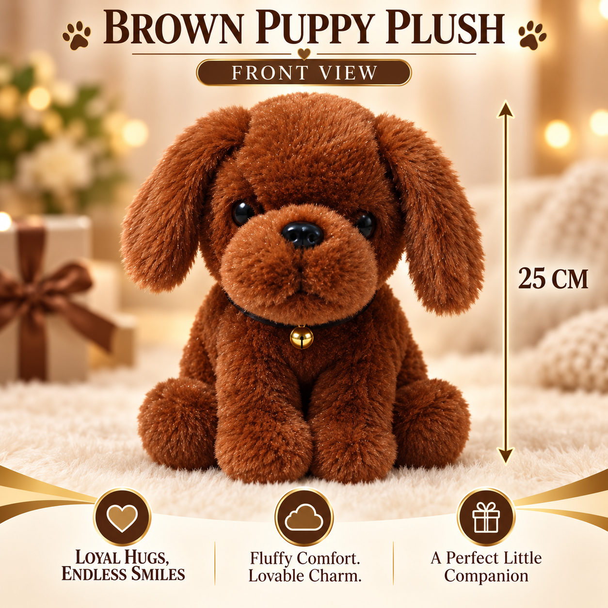 Fluffy Brown Puppy Plush Toy – 25cm Soft Stuffed Dog with Golden Bell Collar