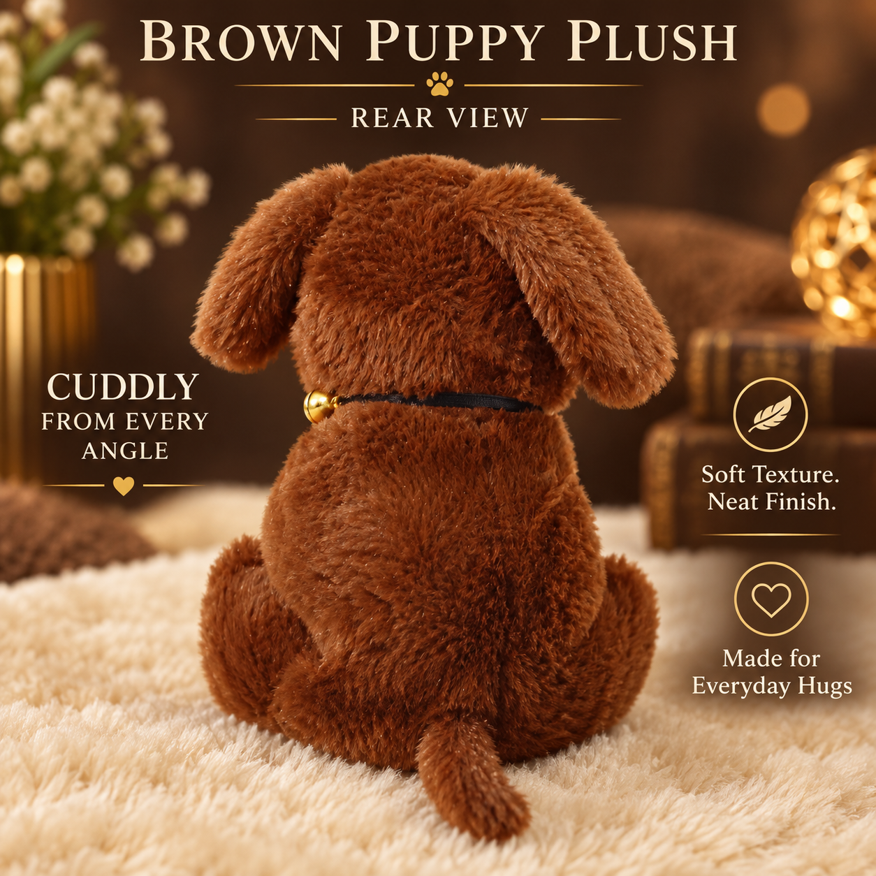Fluffy Brown Puppy Plush Toy – 25cm Soft Stuffed Dog with Golden Bell Collar