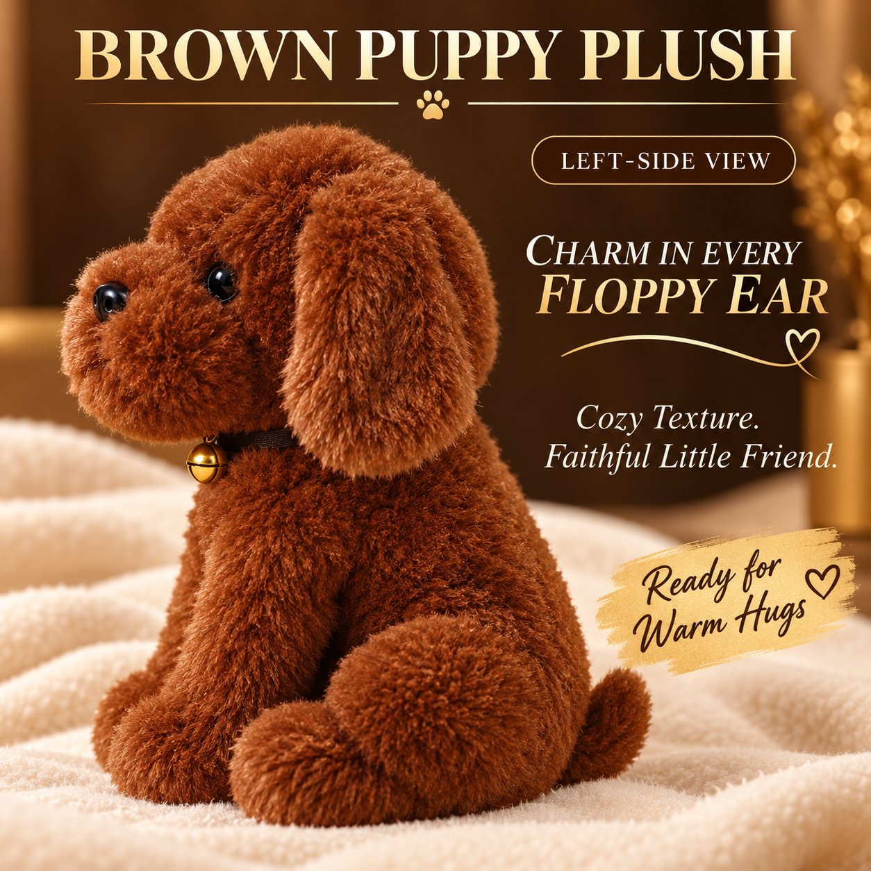Fluffy Brown Puppy Plush Toy – 25cm Soft Stuffed Dog with Golden Bell Collar