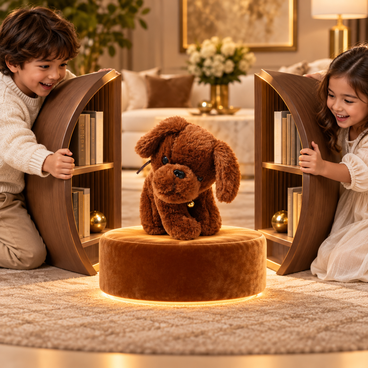 Fluffy Brown Puppy Plush Toy – 25cm Soft Stuffed Dog with Golden Bell Collar
