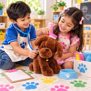 Fluffy Brown Puppy Plush Toy – 25cm Soft Stuffed Dog with Golden Bell Collar