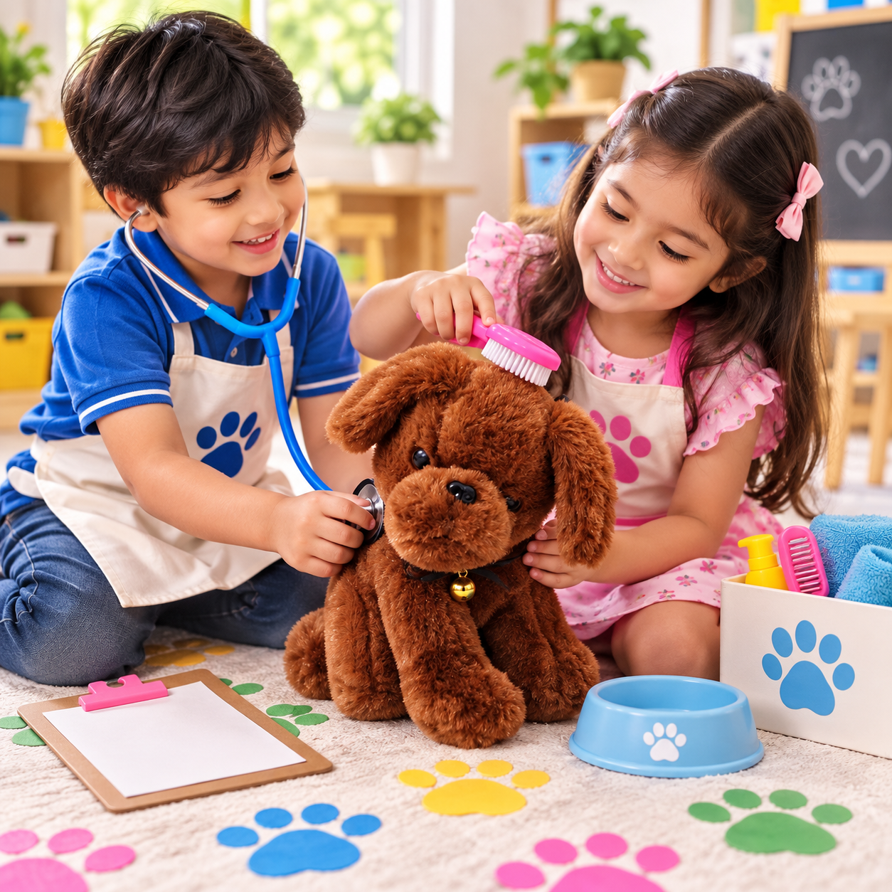 Fluffy Brown Puppy Plush Toy – 25cm Soft Stuffed Dog with Golden Bell Collar