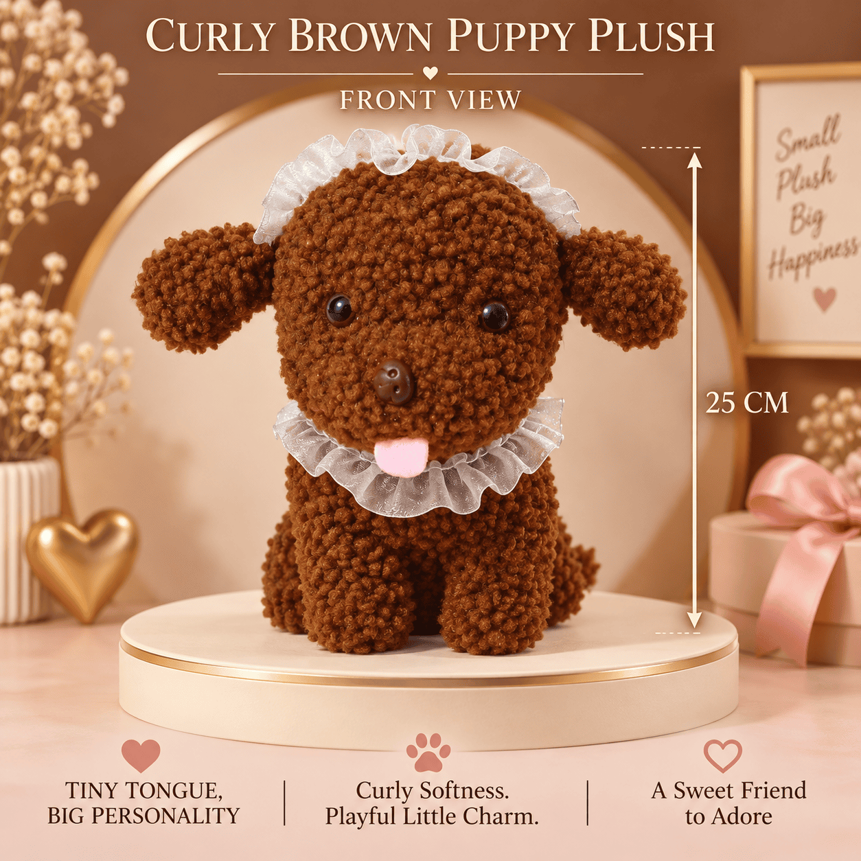 Curly Brown Puppy Plush Toy – 25cm Soft Stuffed Poodle Dog with Lace Ruffle Collar
