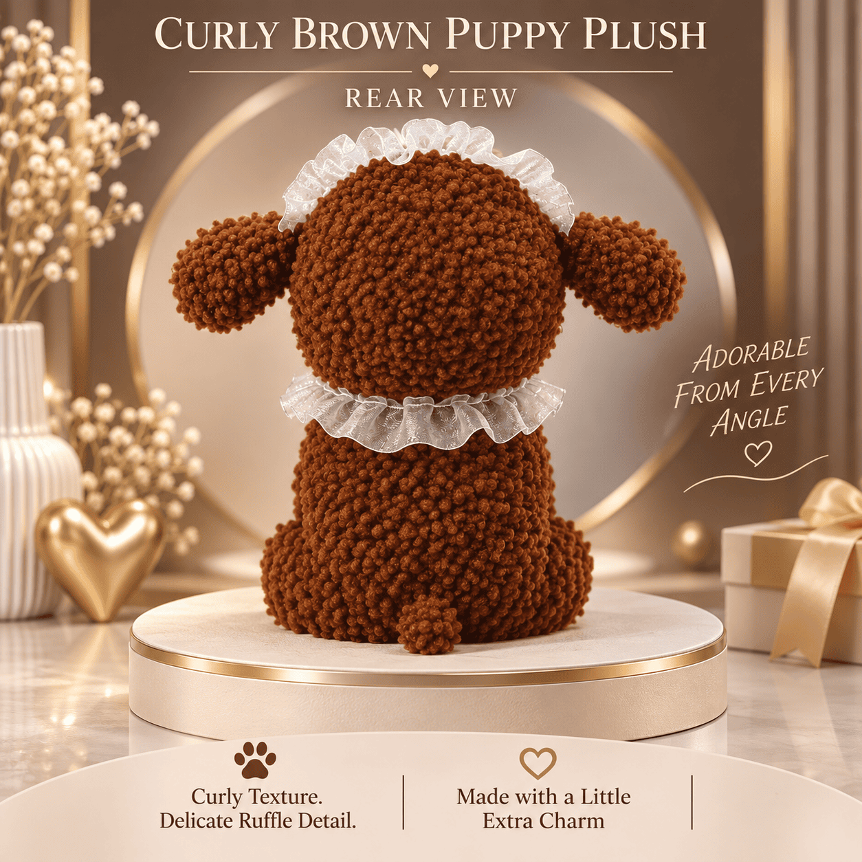 Curly Brown Puppy Plush Toy – 25cm Soft Stuffed Poodle Dog with Lace Ruffle Collar