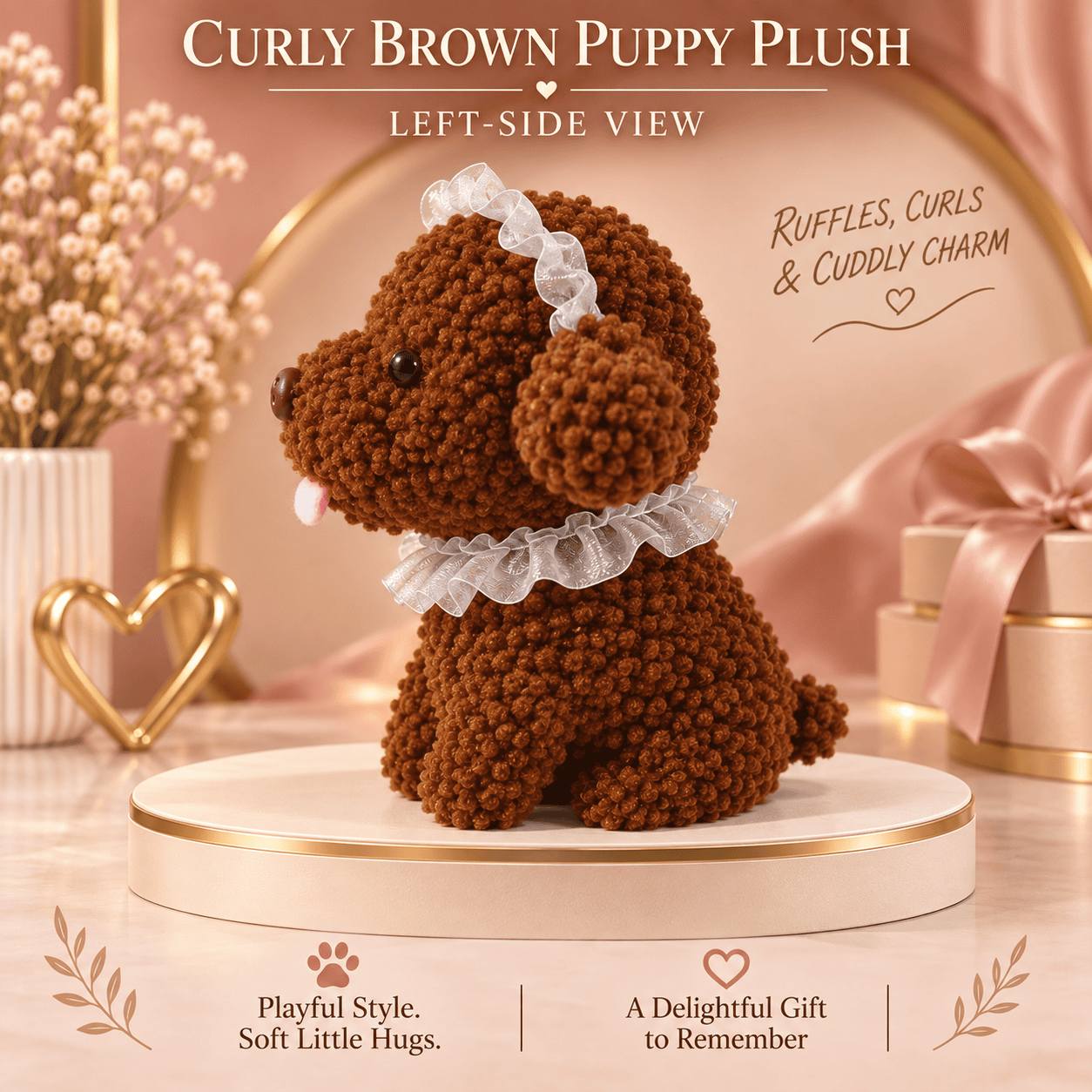 Curly Brown Puppy Plush Toy – 25cm Soft Stuffed Poodle Dog with Lace Ruffle Collar
