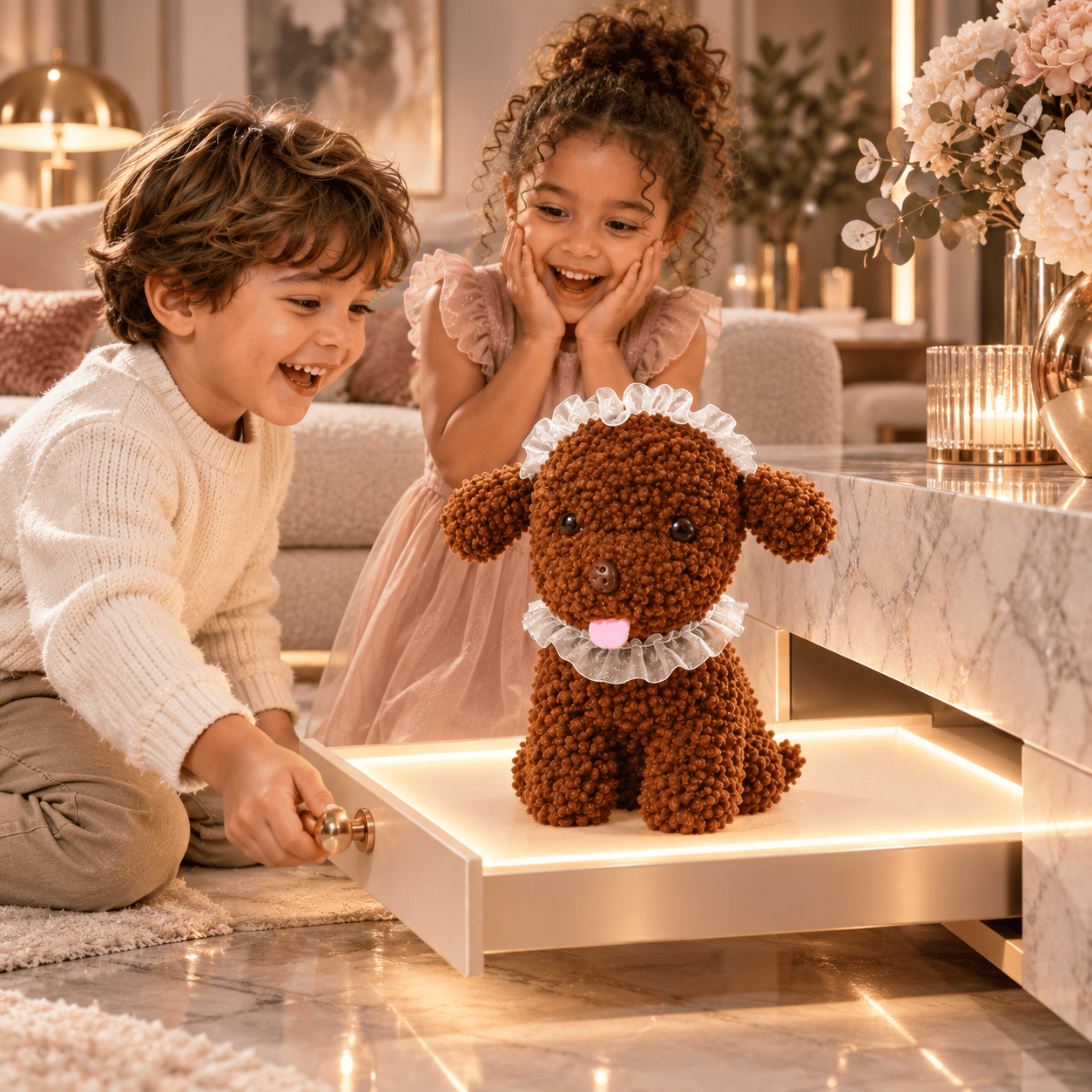 Curly Brown Puppy Plush Toy – 25cm Soft Stuffed Poodle Dog with Lace Ruffle Collar