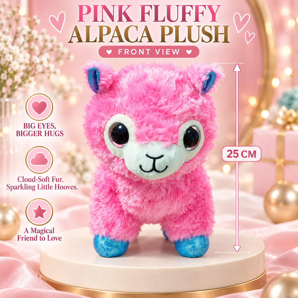 Pink Fluffy Alpaca Plush Toy – 25cm Soft Stuffed Animal with Sparkling Blue Hooves