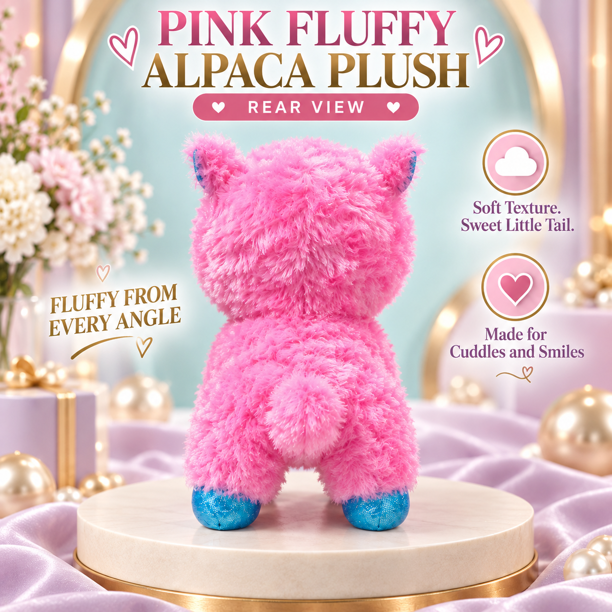 Pink Fluffy Alpaca Plush Toy – 25cm Soft Stuffed Animal with Sparkling Blue Hooves