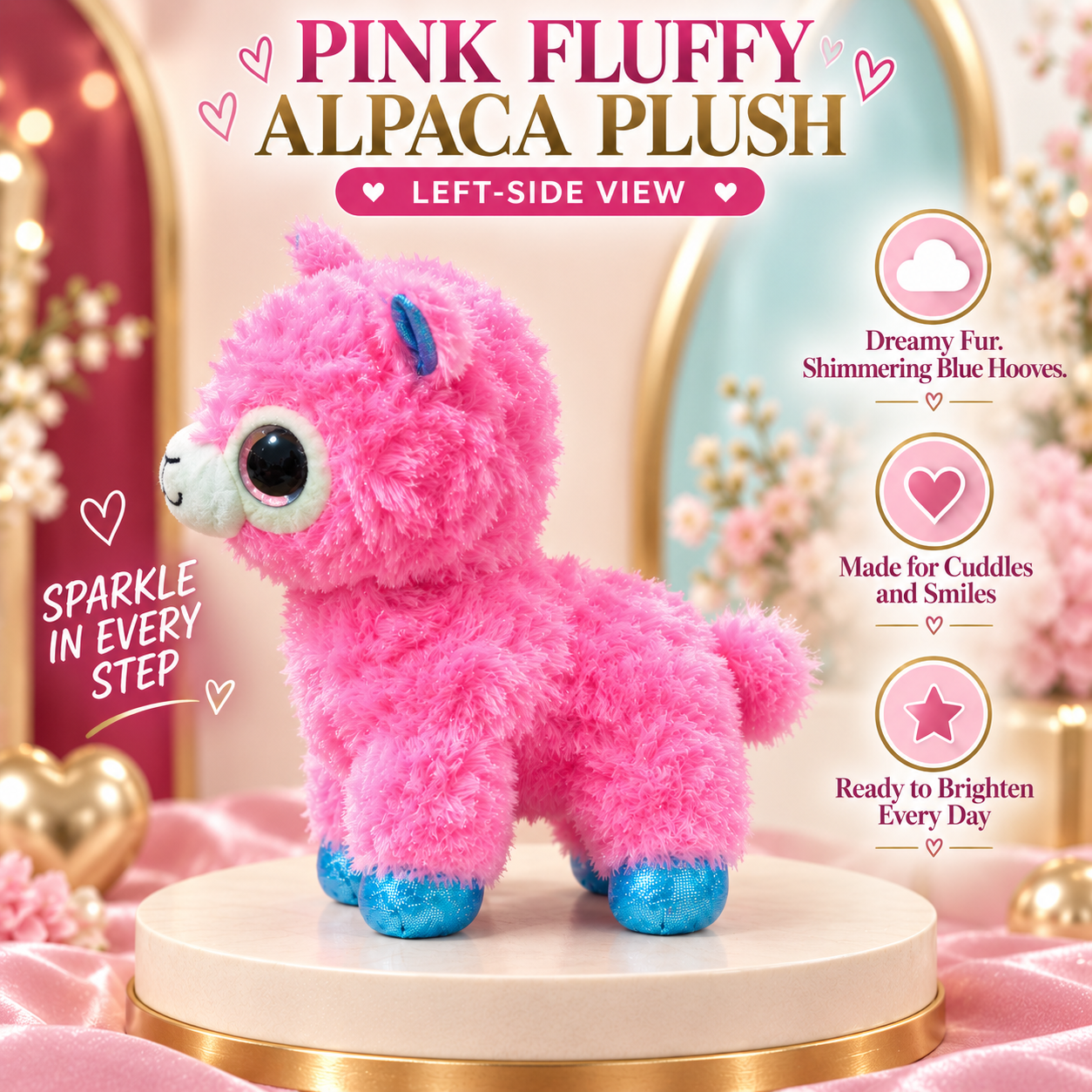 Pink Fluffy Alpaca Plush Toy – 25cm Soft Stuffed Animal with Sparkling Blue Hooves