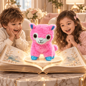 Pink Fluffy Alpaca Plush Toy – 25cm Soft Stuffed Animal with Sparkling Blue Hooves