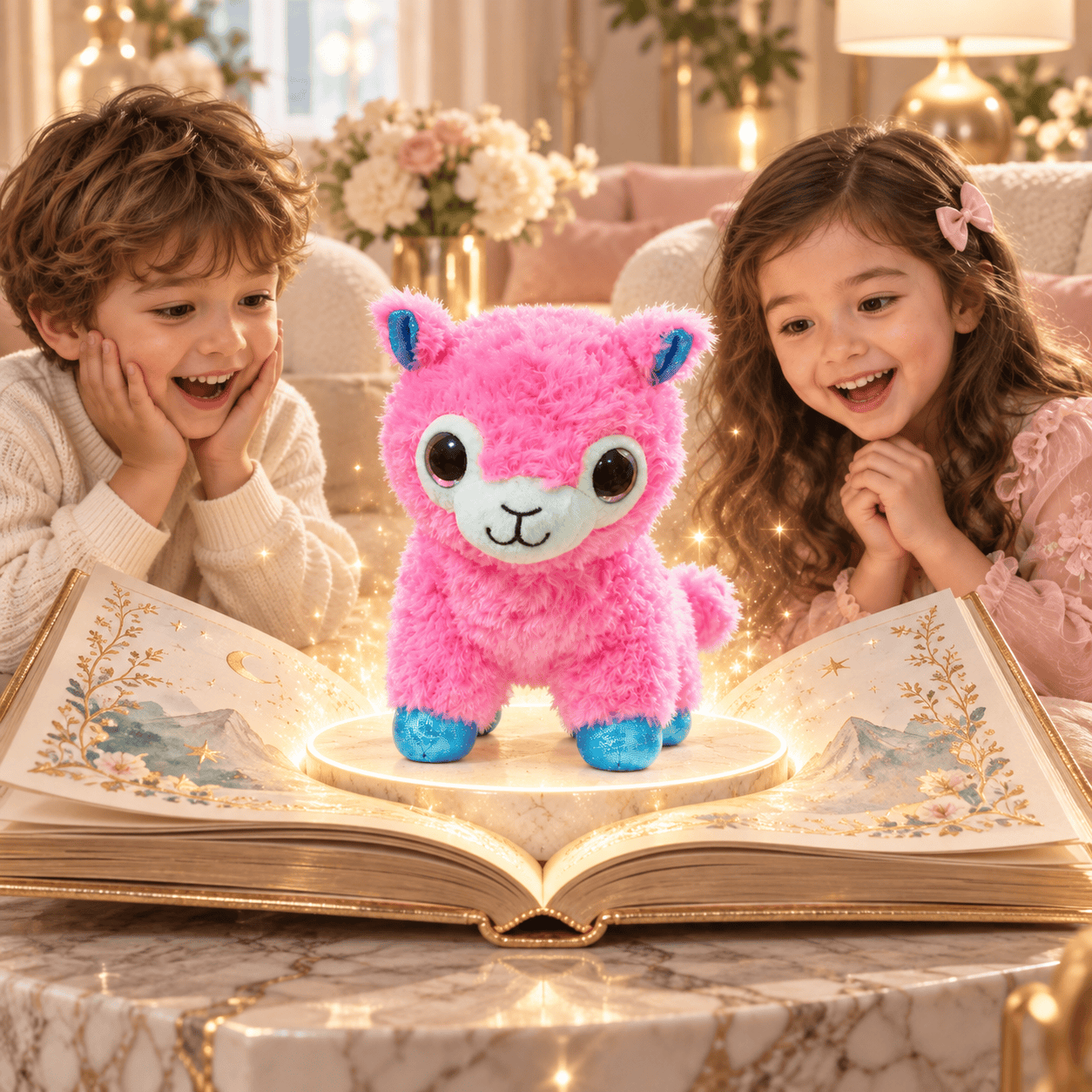Pink Fluffy Alpaca Plush Toy – 25cm Soft Stuffed Animal with Sparkling Blue Hooves