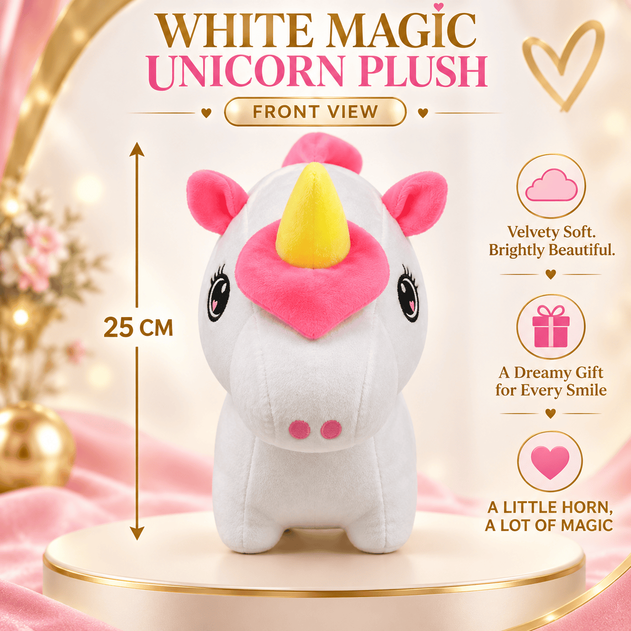 White Magic Unicorn Plush Toy – 25cm Soft Stuffed Animal with Yellow Horn