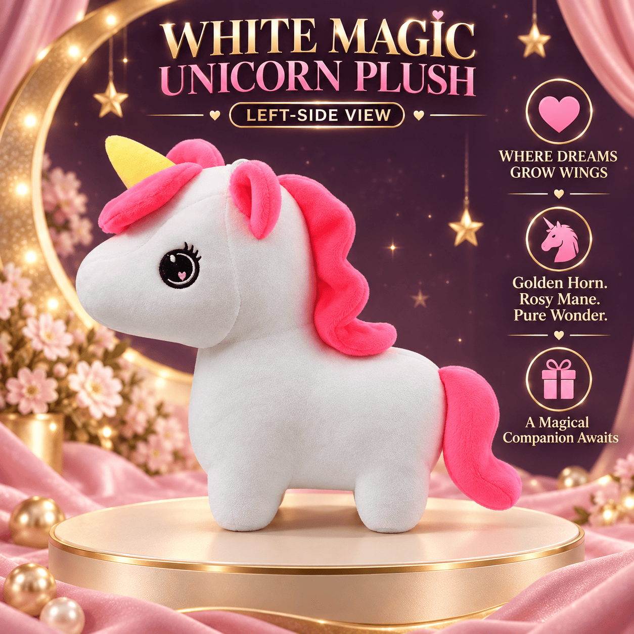 White Magic Unicorn Plush Toy – 25cm Soft Stuffed Animal with Yellow Horn