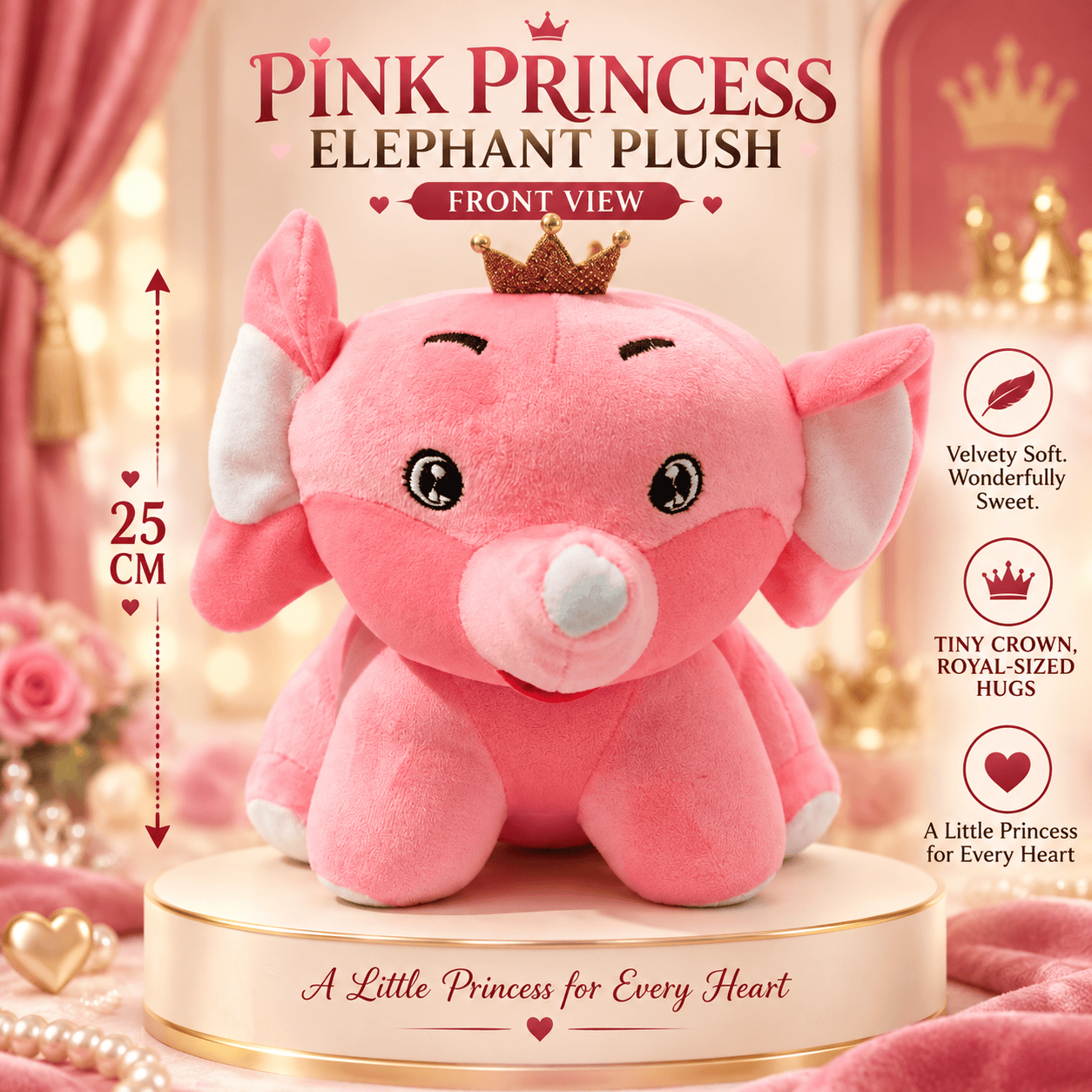 Pink Princess Elephant Plush Toy – 25cm Soft Stuffed Animal with Golden Crown