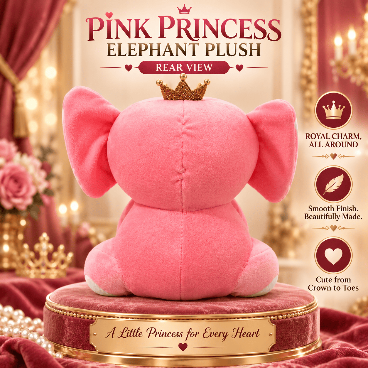 Pink Princess Elephant Plush Toy – 25cm Soft Stuffed Animal with Golden Crown