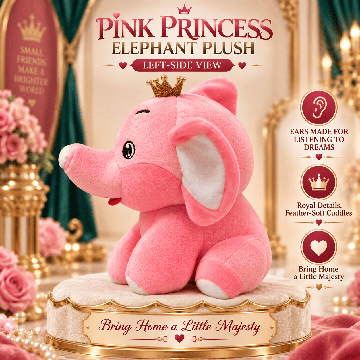 Pink Princess Elephant Plush Toy – 25cm Soft Stuffed Animal with Golden Crown