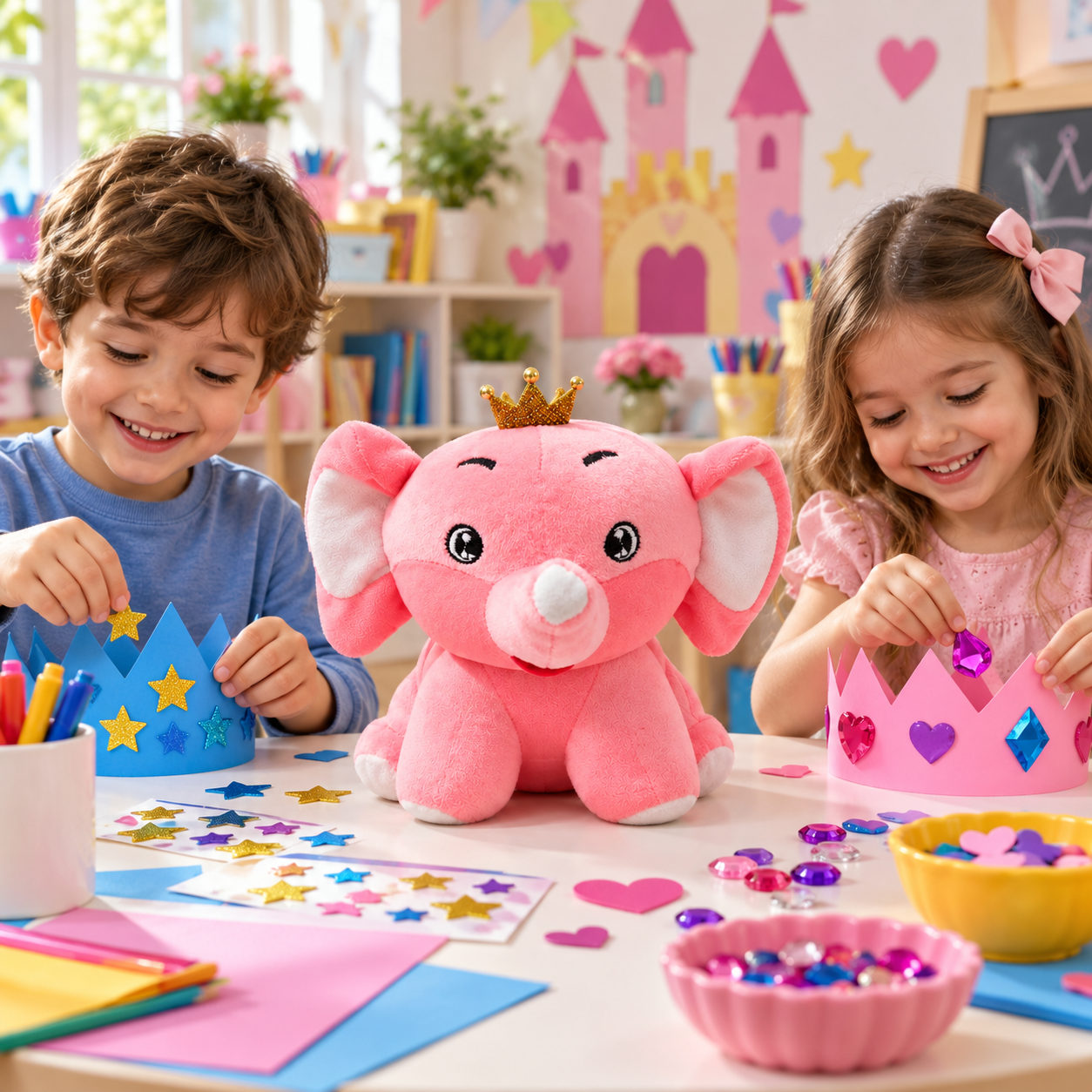 Pink Princess Elephant Plush Toy – 25cm Soft Stuffed Animal with Golden Crown