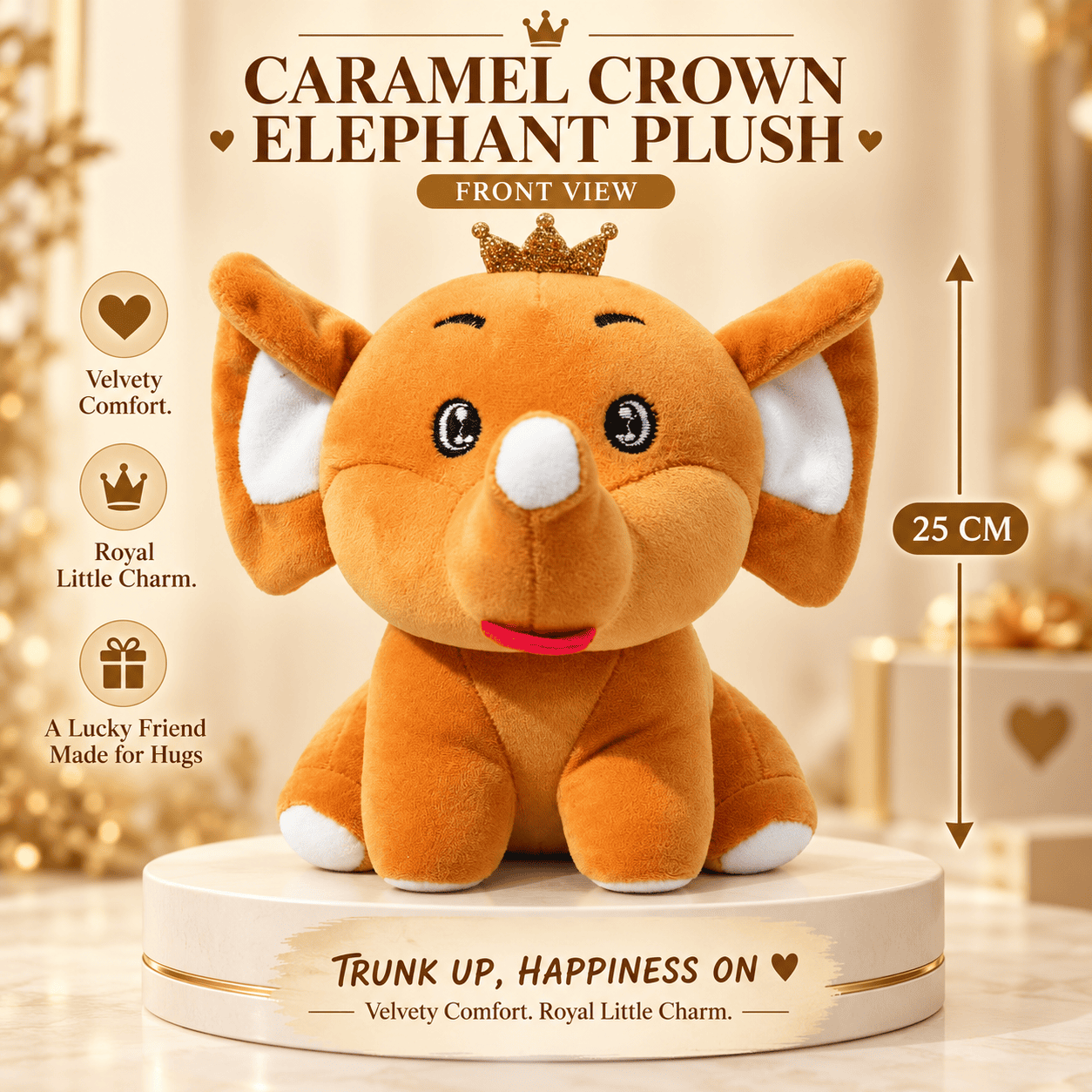 Orange Prince Elephant Plush Toy – 25cm Soft Stuffed Animal with Golden Crown