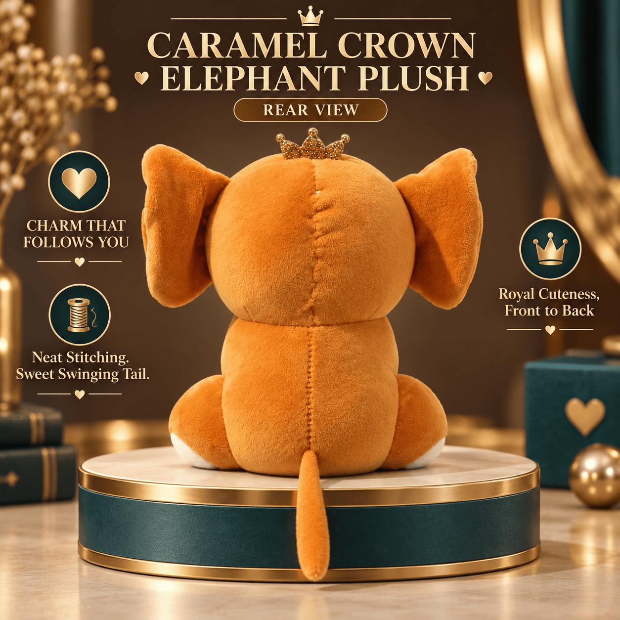 Orange Prince Elephant Plush Toy – 25cm Soft Stuffed Animal with Golden Crown